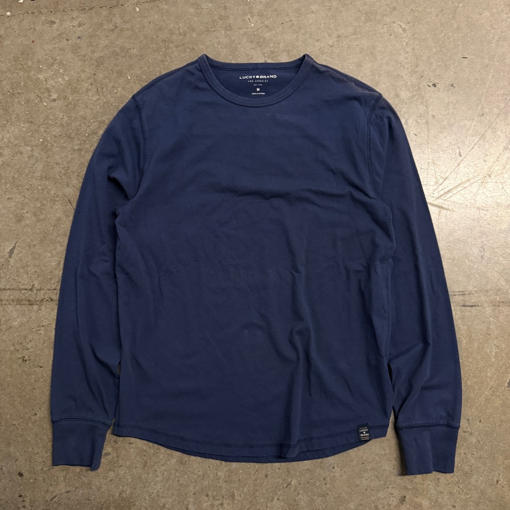 Lucky Brand Mens Long Sleeve Crew Neck T-Shirt Navy Blue Size M Curved Hem